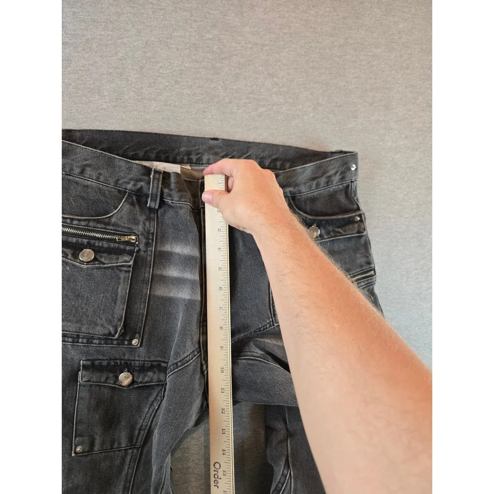 Insain Worldwide Cargo Jeans Mens L 34W Washed Black Streetwear Distressed Flare